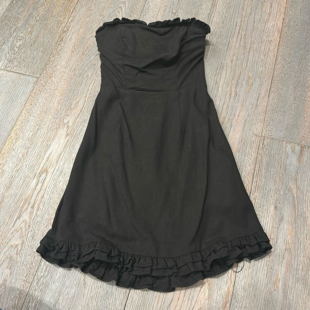 Strapless black linen mini dress